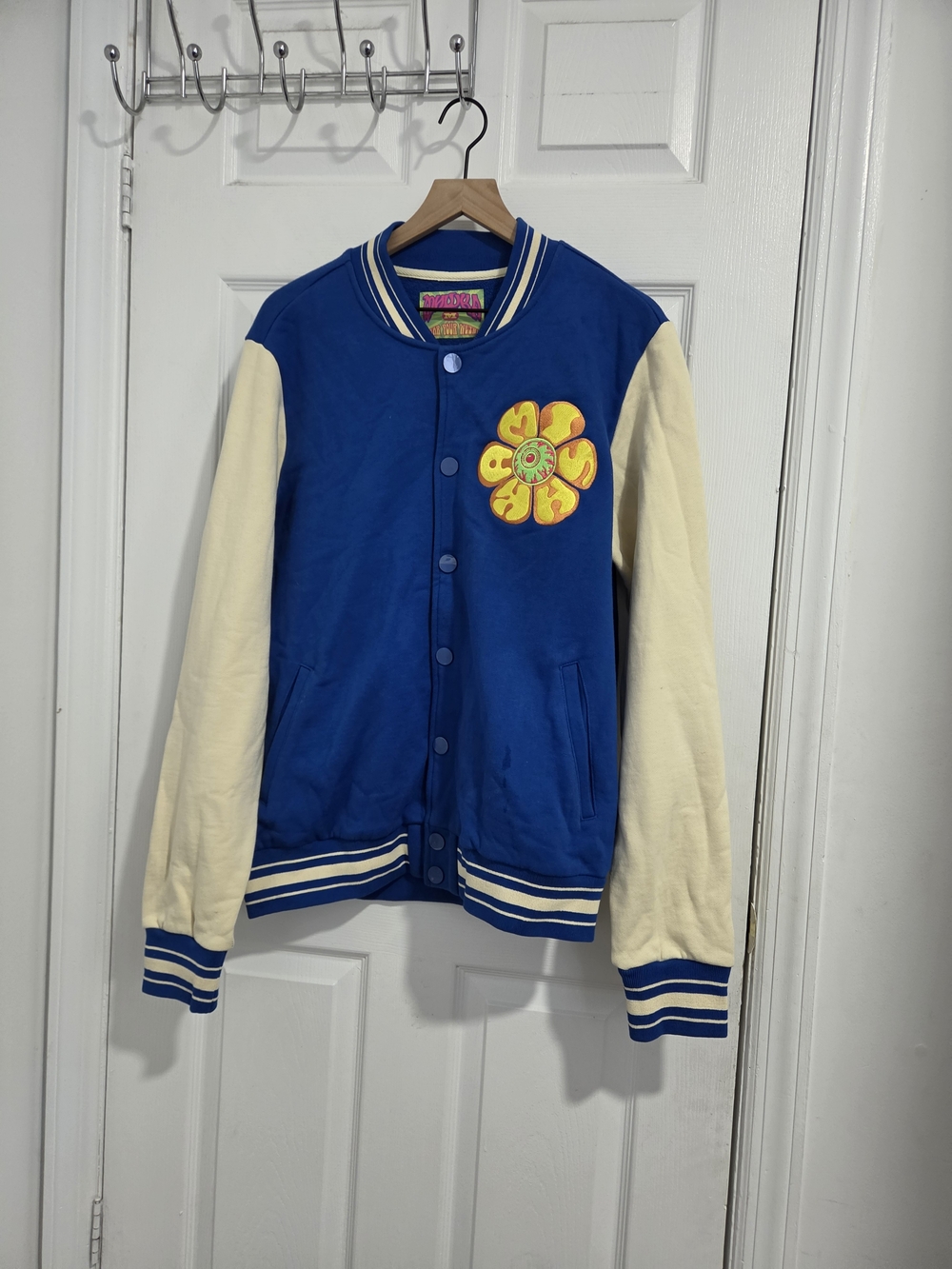 Mishka Blue and Cream Floral Patch Varsity Jacket Mens